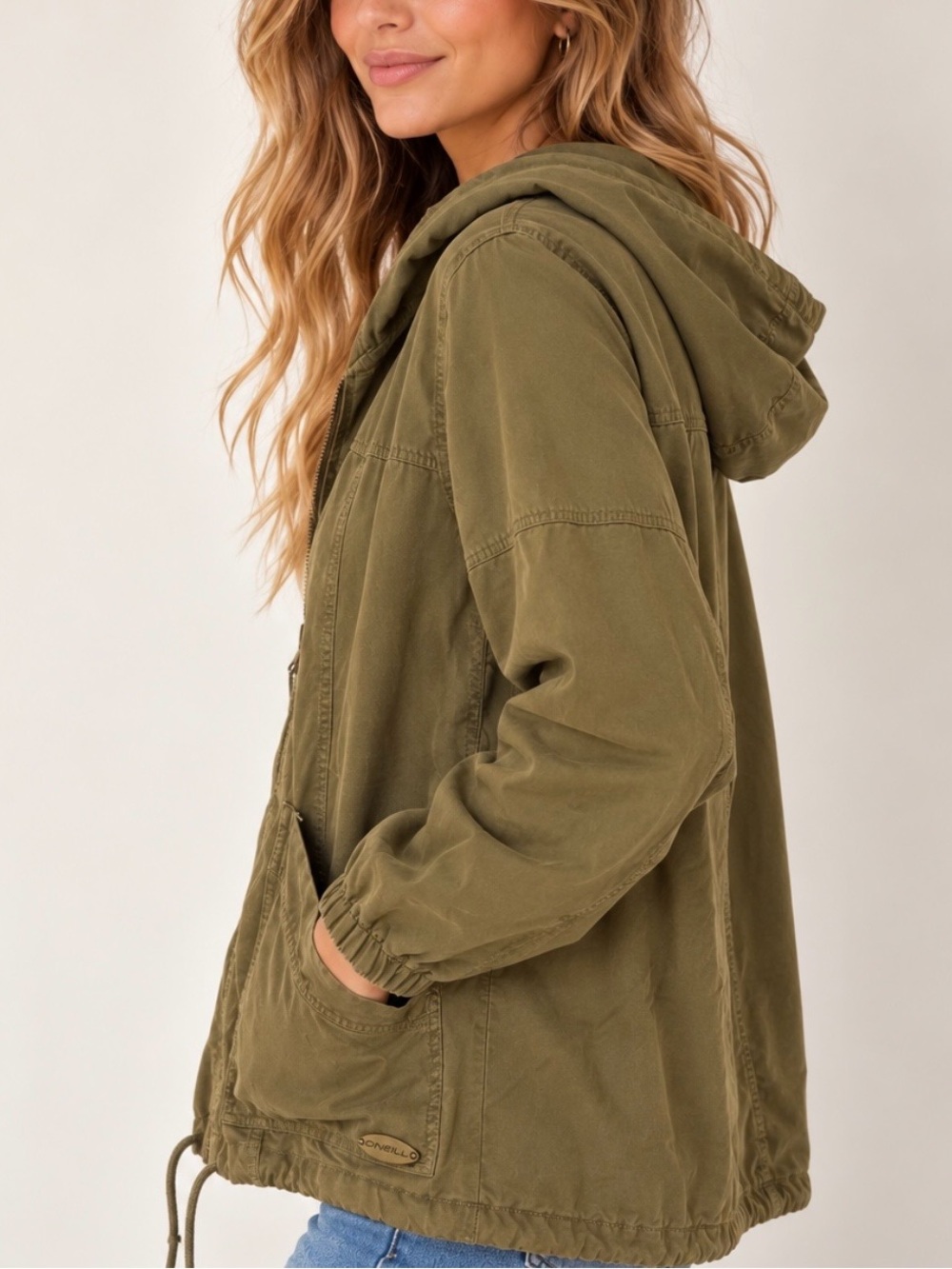 O’Neill Olive Green Hooded Utility Jacket Size Small Lightweight Zip Front Fall